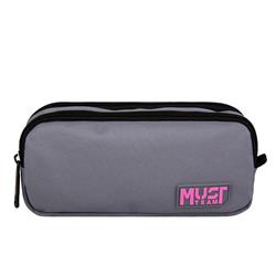 PENCIL CASE MUST TEAM MONOCHROME 21X6X9 2ZIPPERS LIGHT GREY WITH PINK