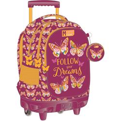 TROLLEY BAG MUST TEAM 34X20X44CM 3CASES BUTTERFLY FOLLOW YOUR DREAMS
